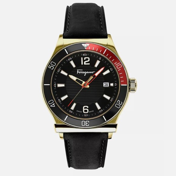 Ferragamo Mens 44mm Black leather red accent Watch